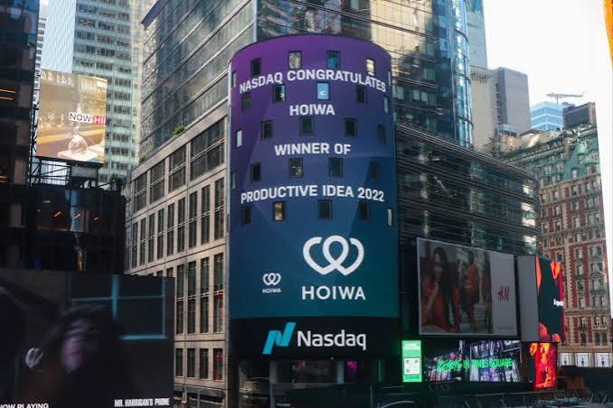 The Nasdaq MarketSite display in New York showing Hoiwa as winner of Productive Idea 2022