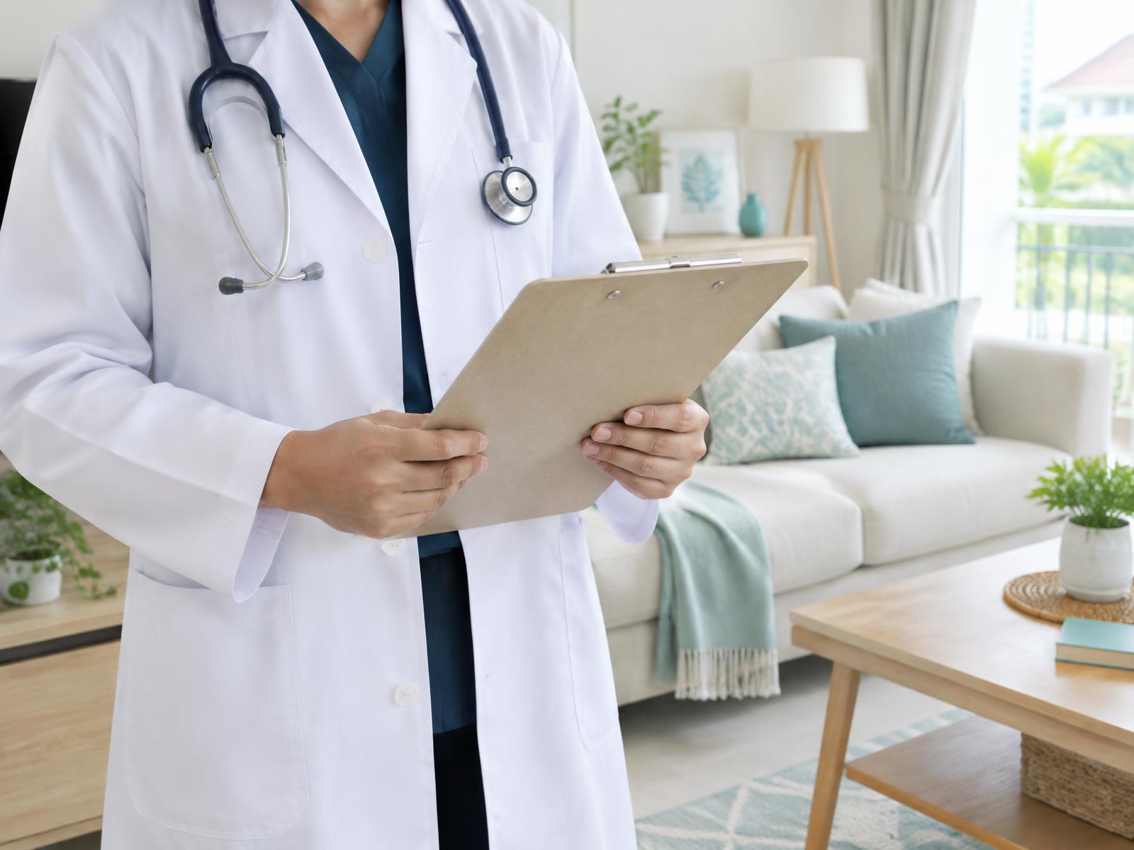 Medical doctor holding a clipboard in a bright modern home