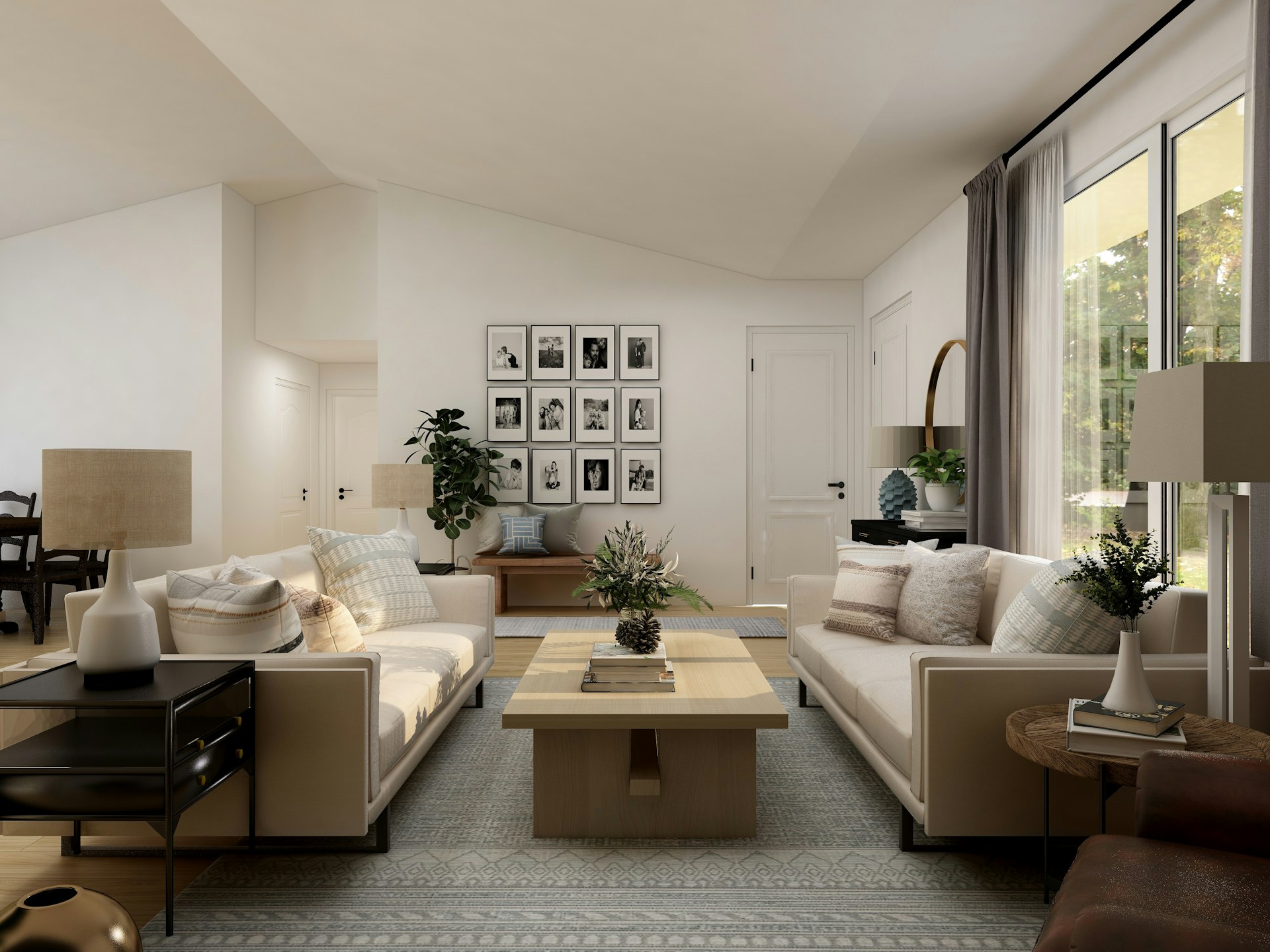 Elegant living room with light sofas, plants and large windows