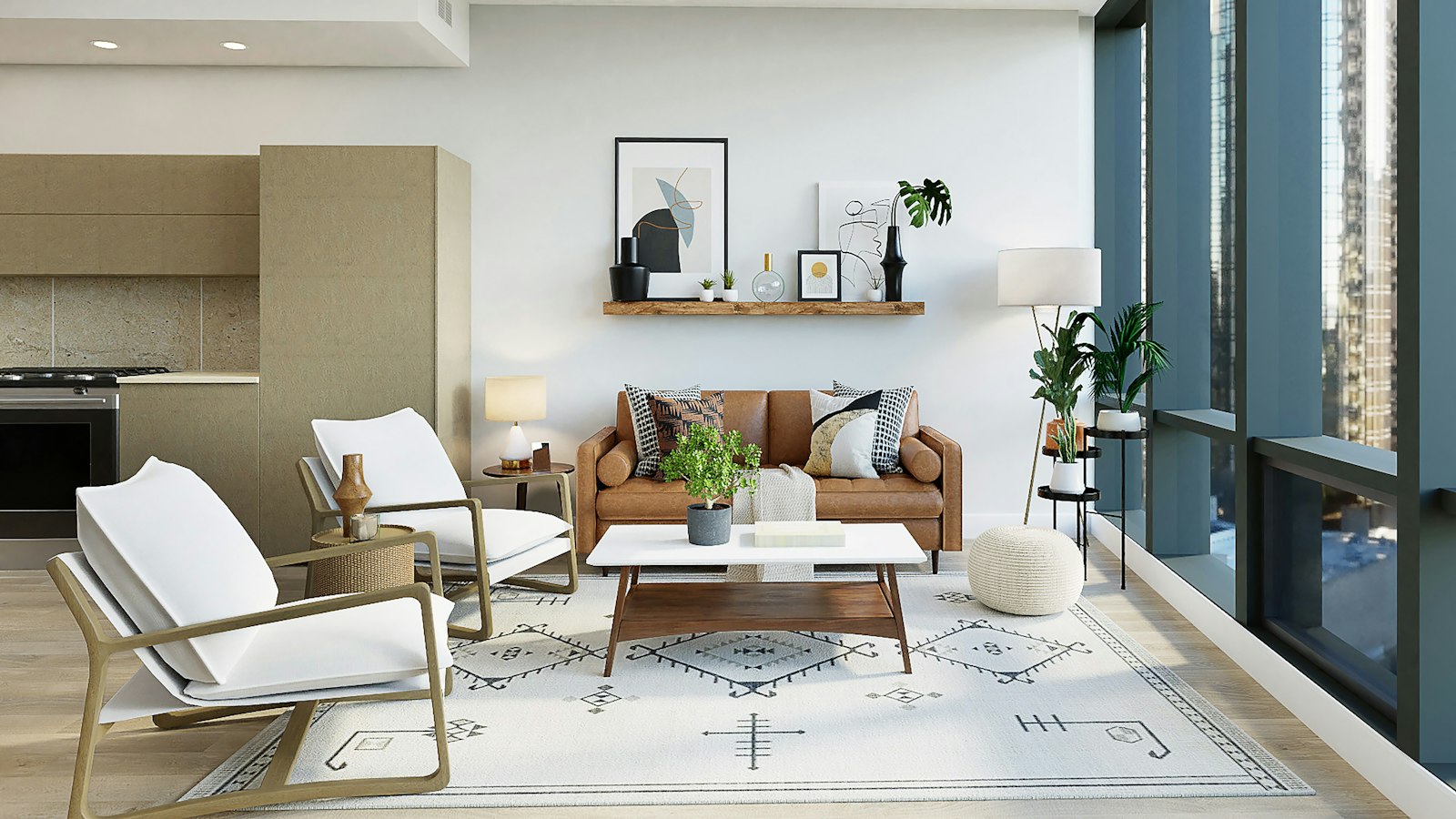 Shared residence living and dining room with seating and a dining table